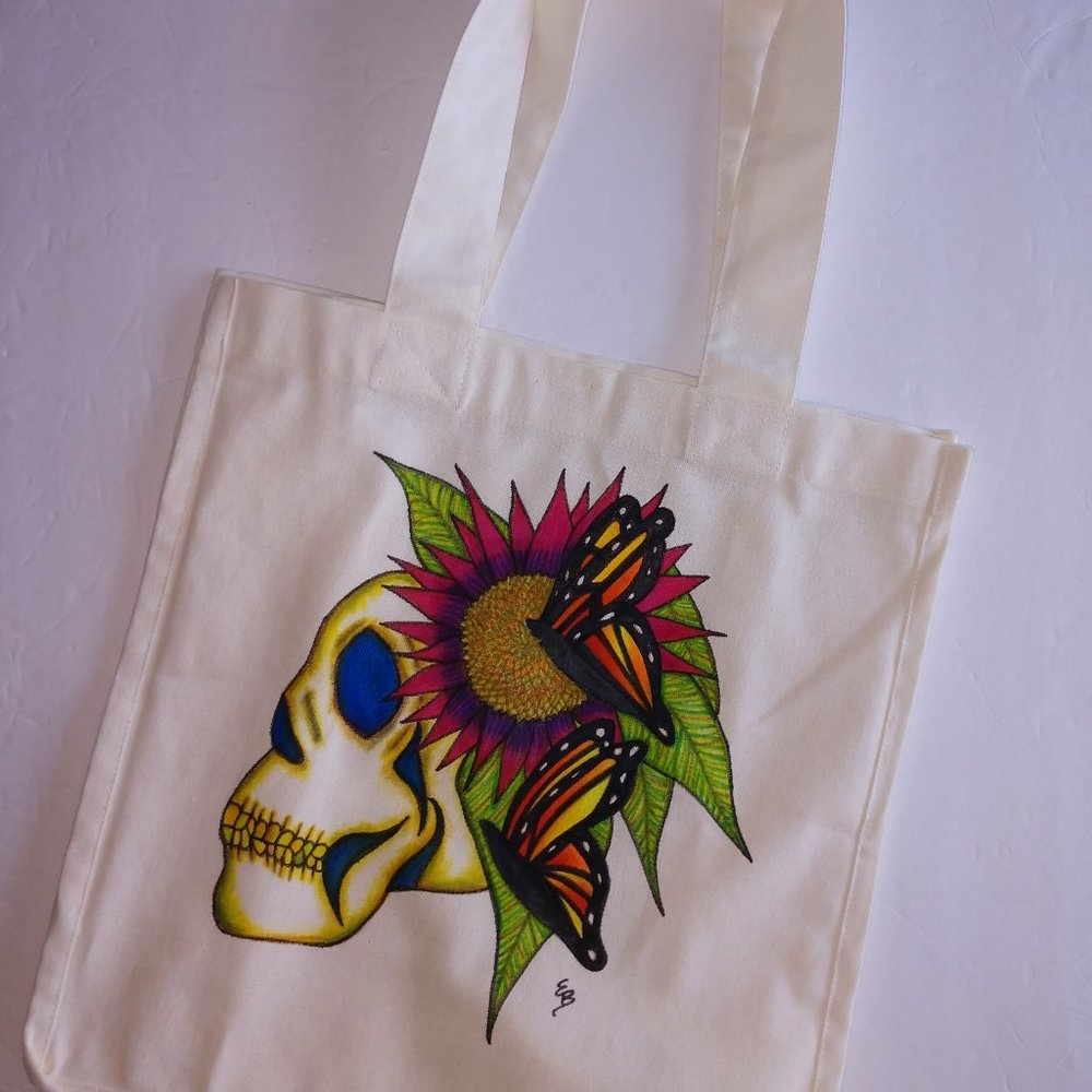 Hand-Painted Skull Tote Bag: Sunflower & Butterfly Art 14x13x7